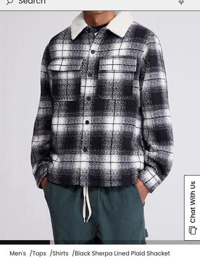 PacSun Black & White Plaid Sherpa Shacket Jacket with Cream Collar